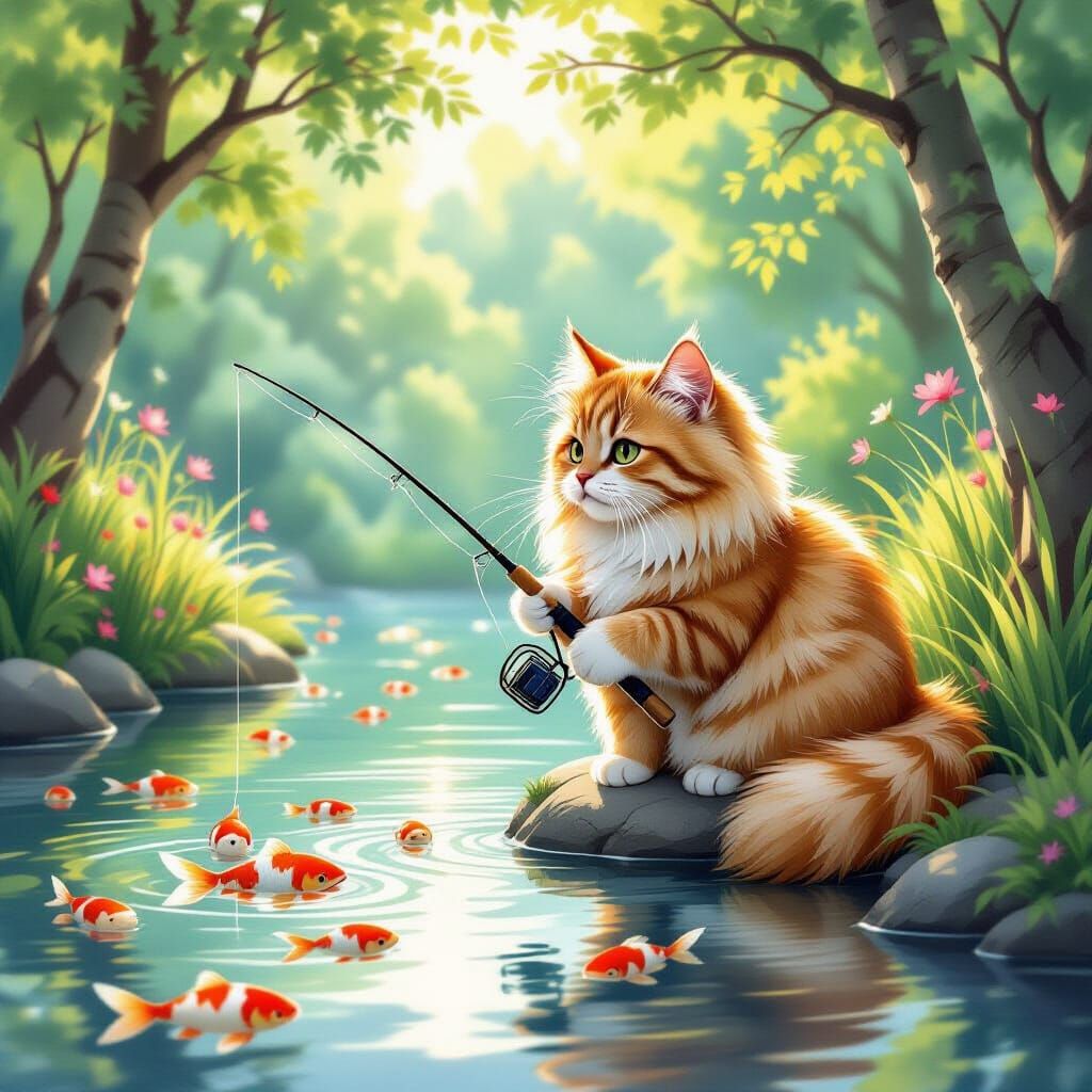 Fluffy Cat Fishes for Koi in Whimsical Storybook Style