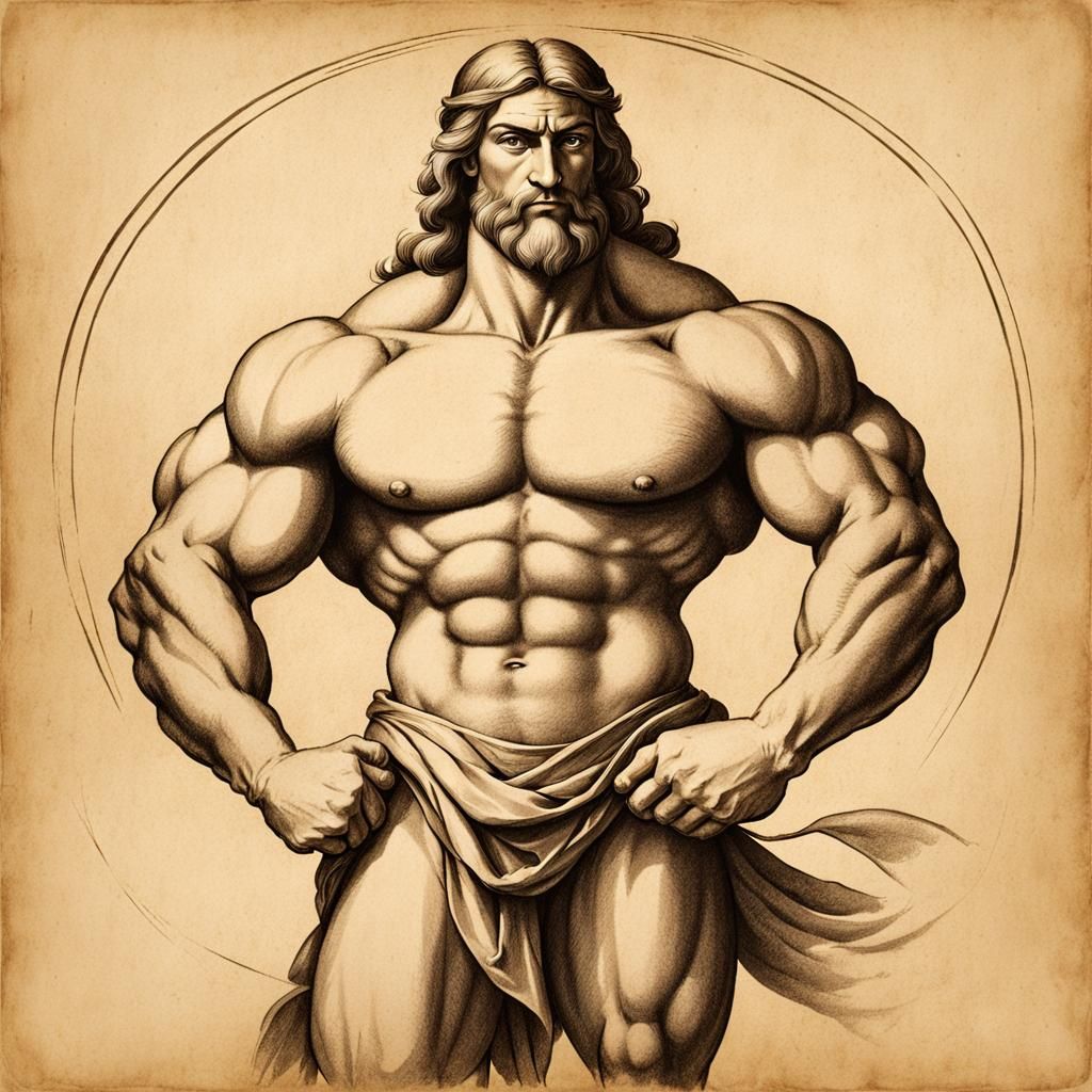 Renaissance Illustration of a Muscular Man in Heroic Pose
