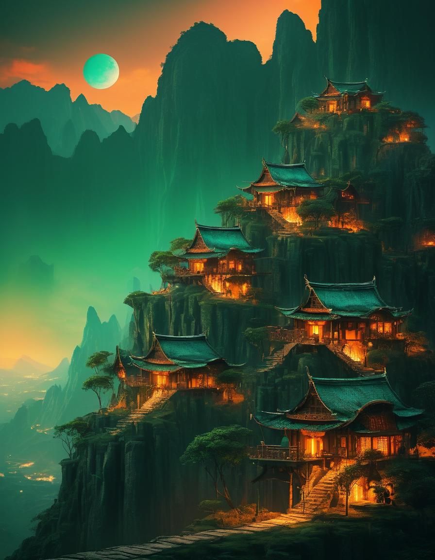 Fantasy Stilt Village on Emerald Peaks