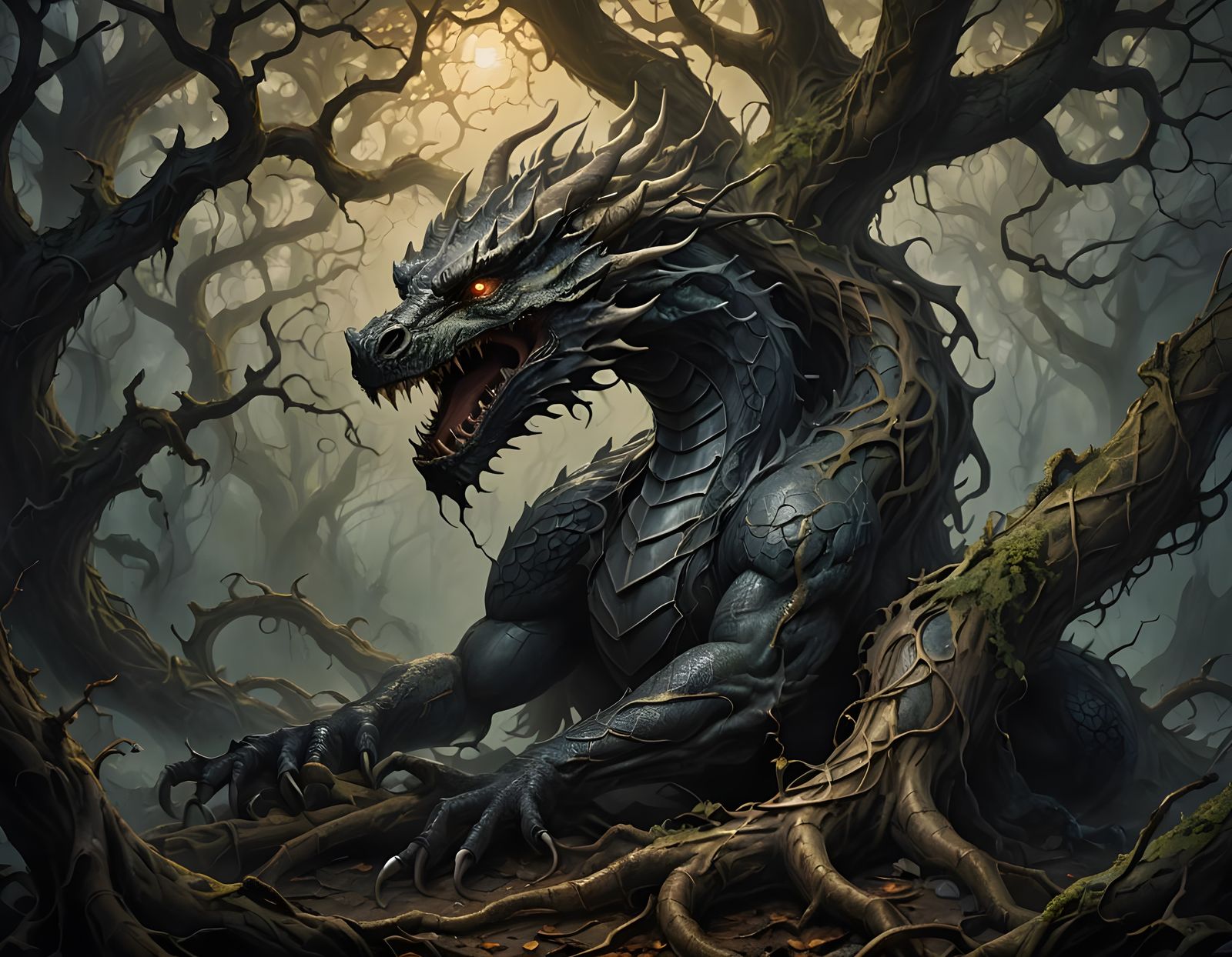Norse Dragon Gnaws at Yggdrasil's Root in Mythological Scene