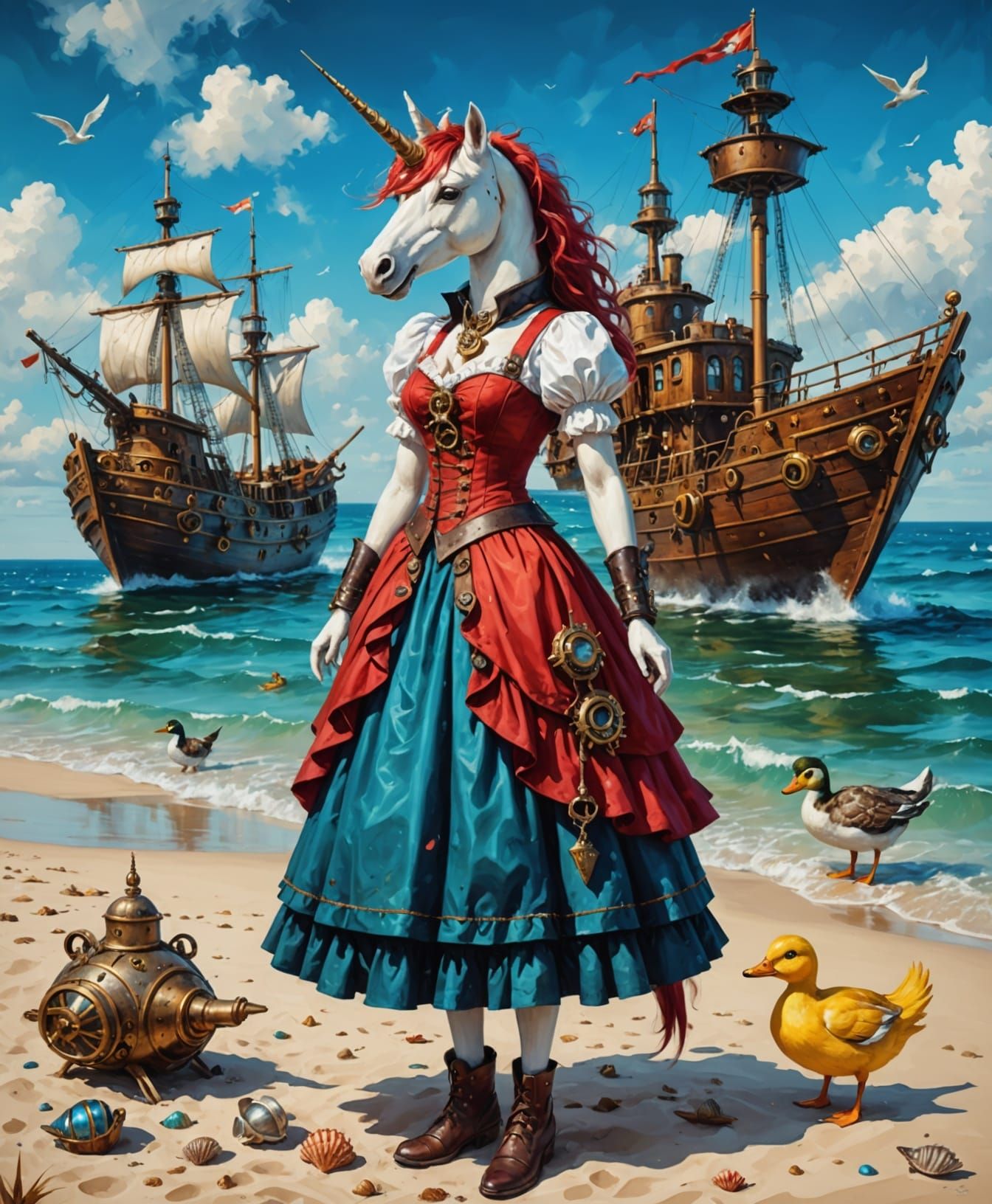 Steampunk Beachside Unicorn in a Red Dress