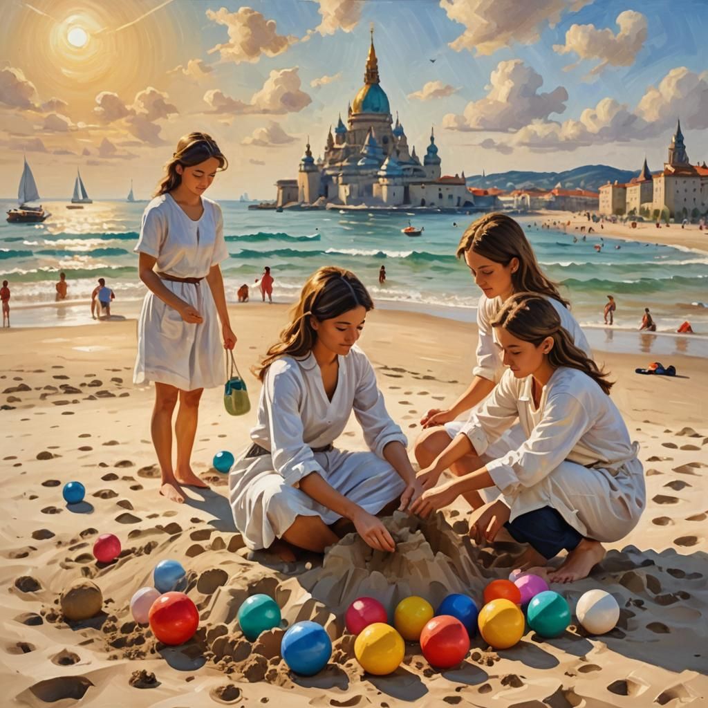 Girls Build Sandcastle in Impressionist Oil Painting