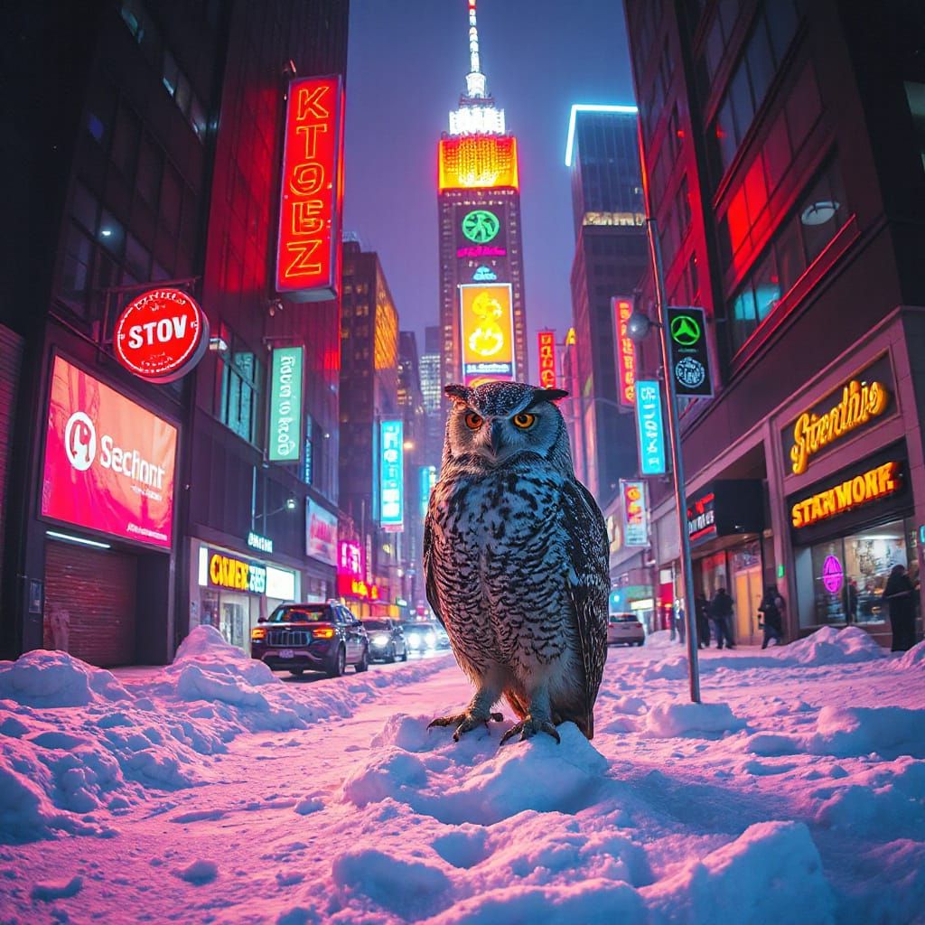 Owl in Cyberpunk Cityscape with Neon Reflections
