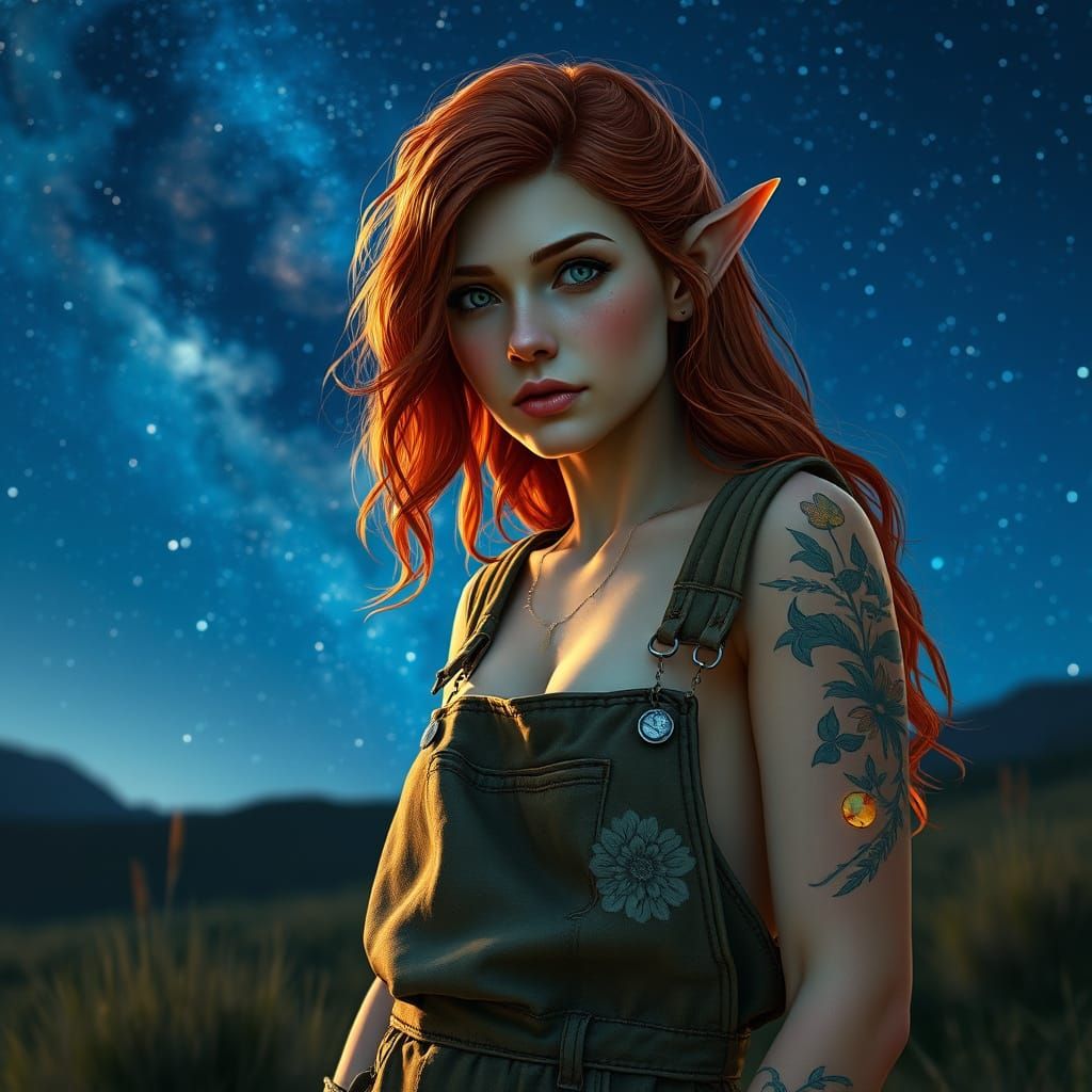 Fantasy Half Elf Druid Under Starry Night Sky