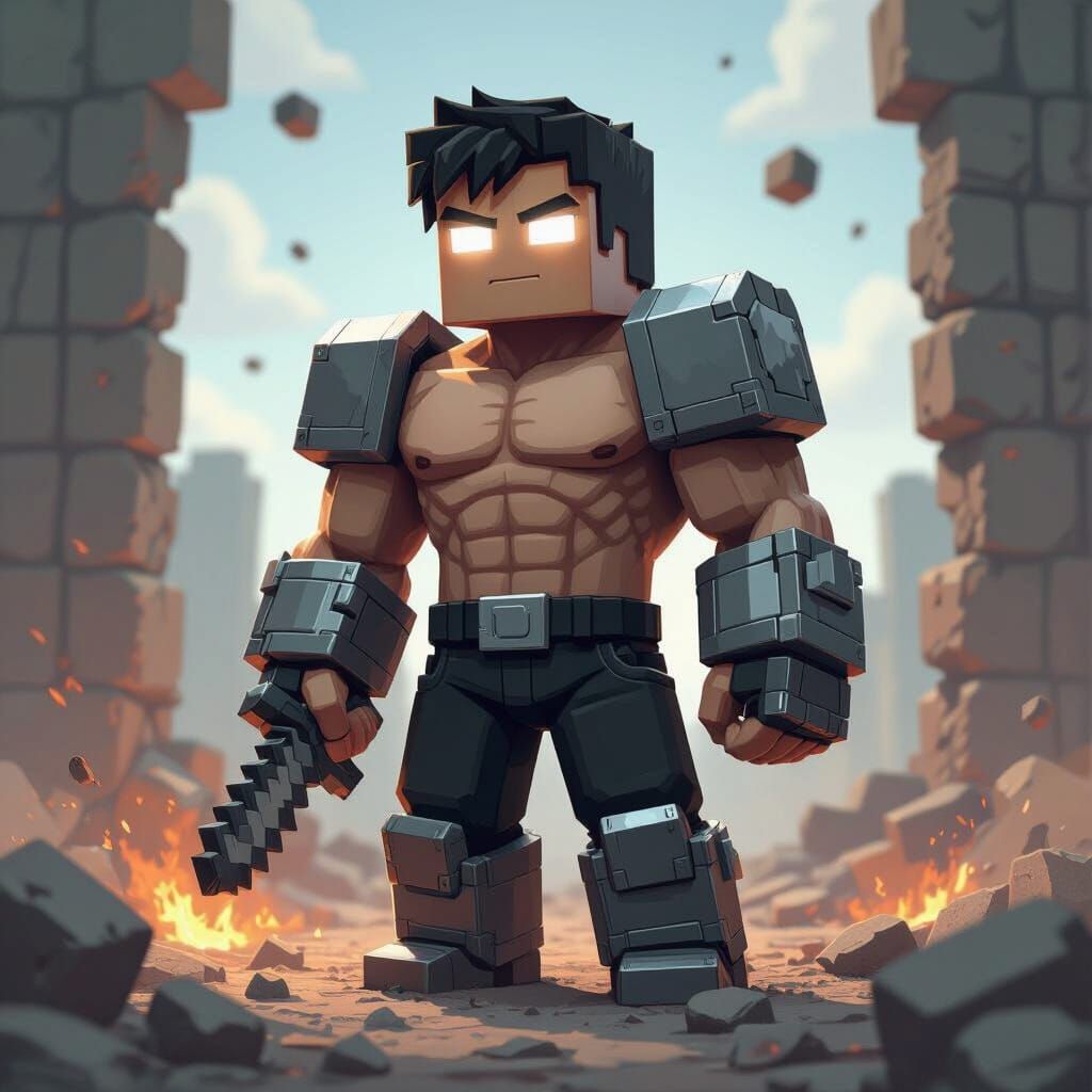 Muscular Minecraft Character in Ruined Battlefield, Pixel Ar...