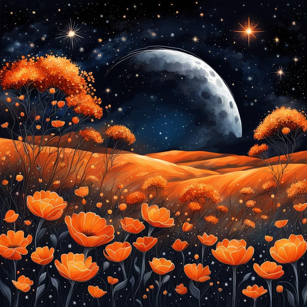 Orange Planet and Flowers in Ink Style