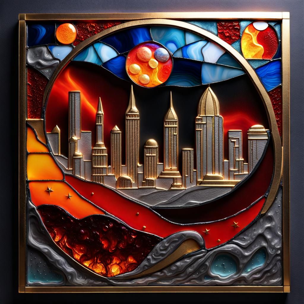 stained glass - a cityscape on the distant horizon