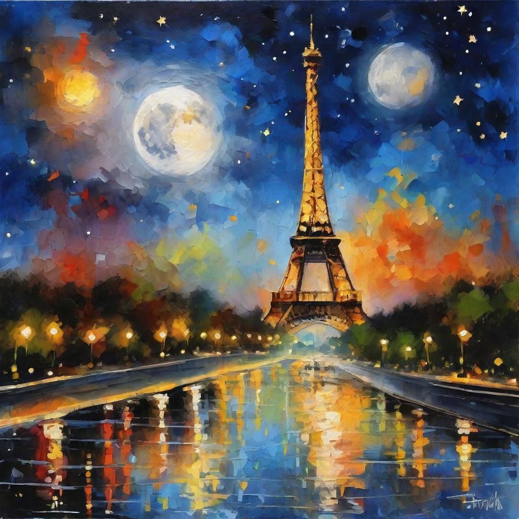 Eiffel Tower at Night: Impressionist Gouache Painting