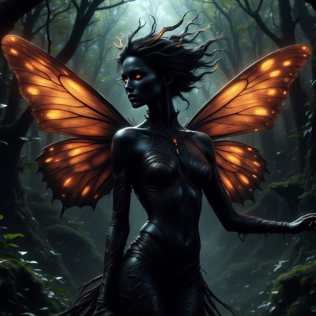 Enchanted Shadow Siren with Charcoal Skin and Iridescent Win...