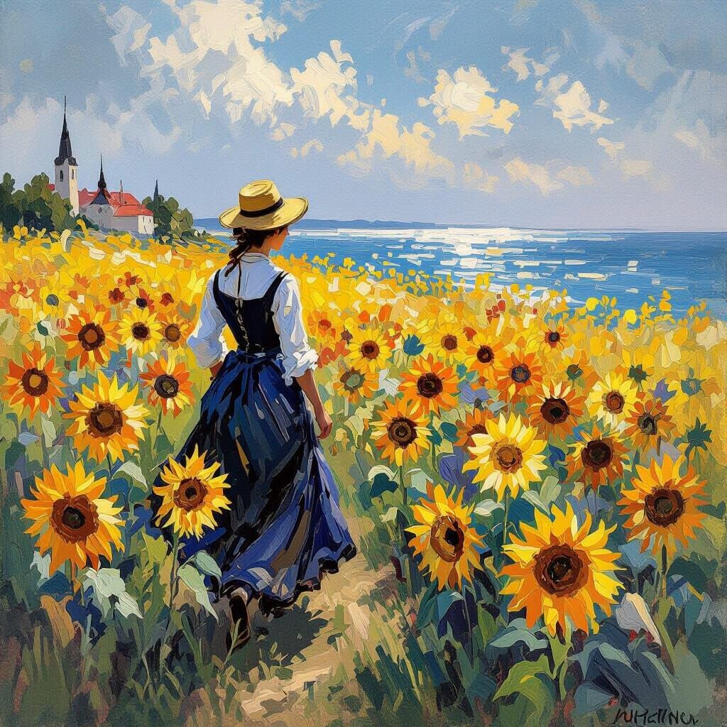Woman Walks Through Sunflowers in Impressionist Style