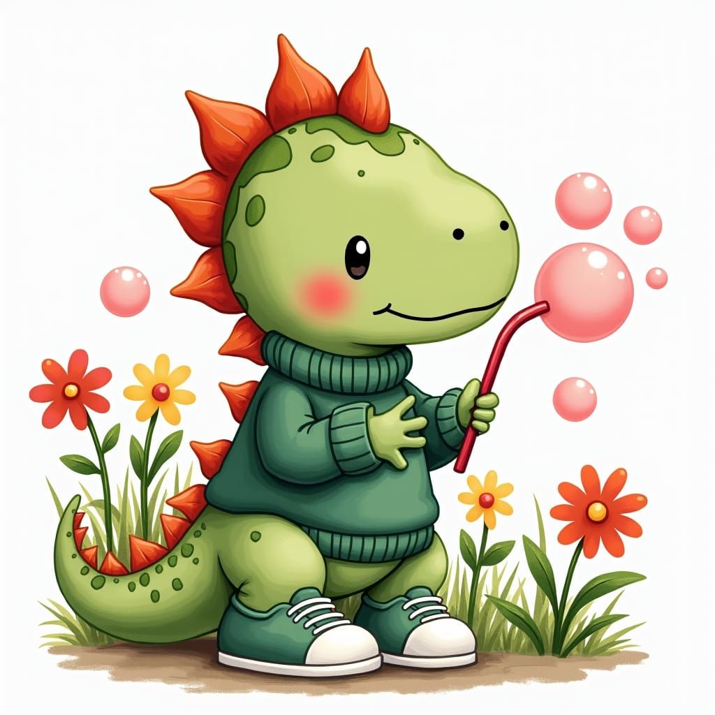 Pastel Watercolor Kawaii T-Rex Bulbasaur with Bubbles