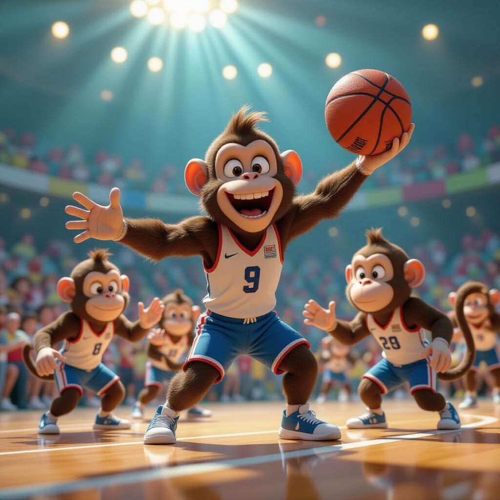 Monkeys Play Basketball in Pixar Style