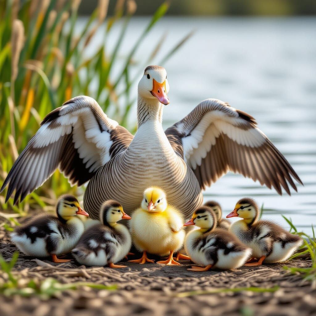 Fluffy Chick Hides Among Goslings by Pond
