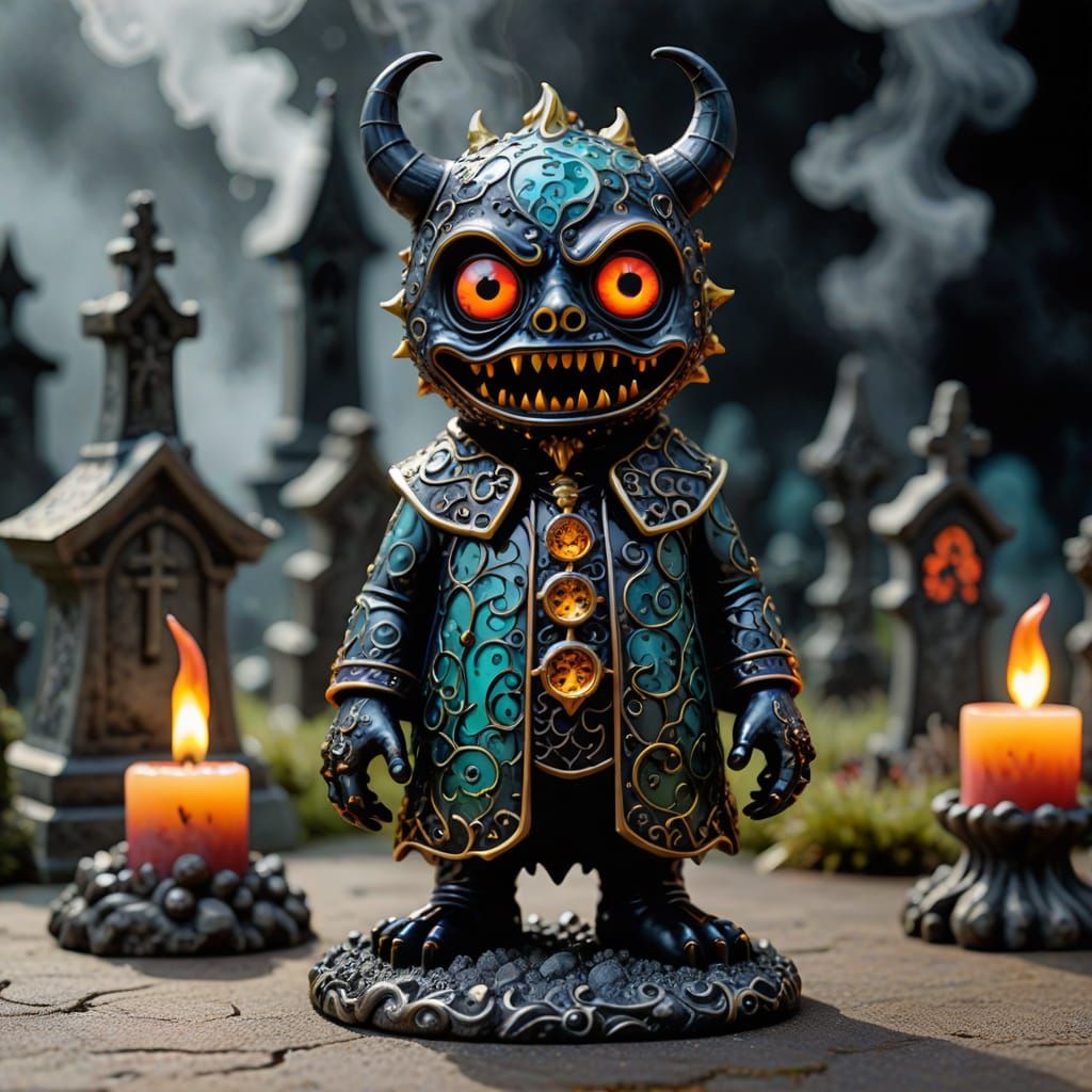 Ethereal Gothic Glass Figurine Amidst a Foggy Graveyard