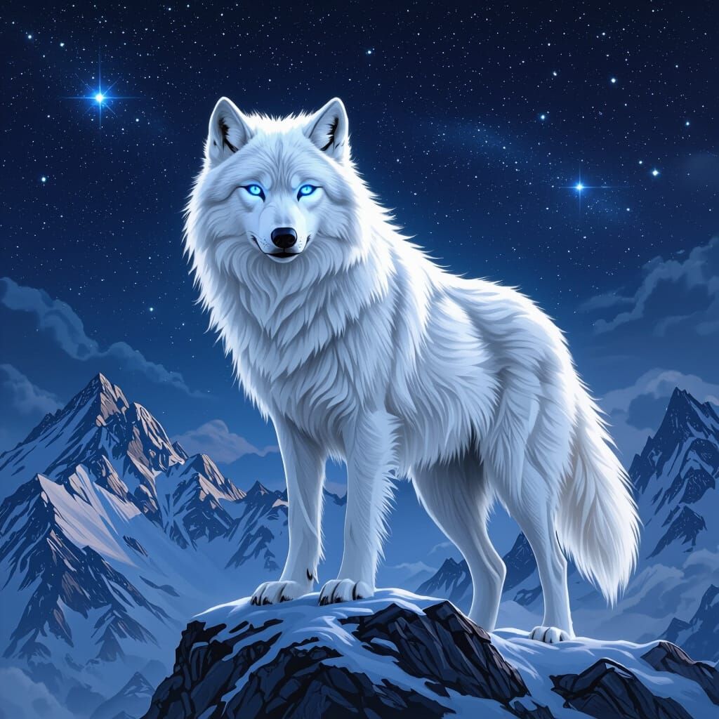 Majestic White Wolf Under Starry Sky