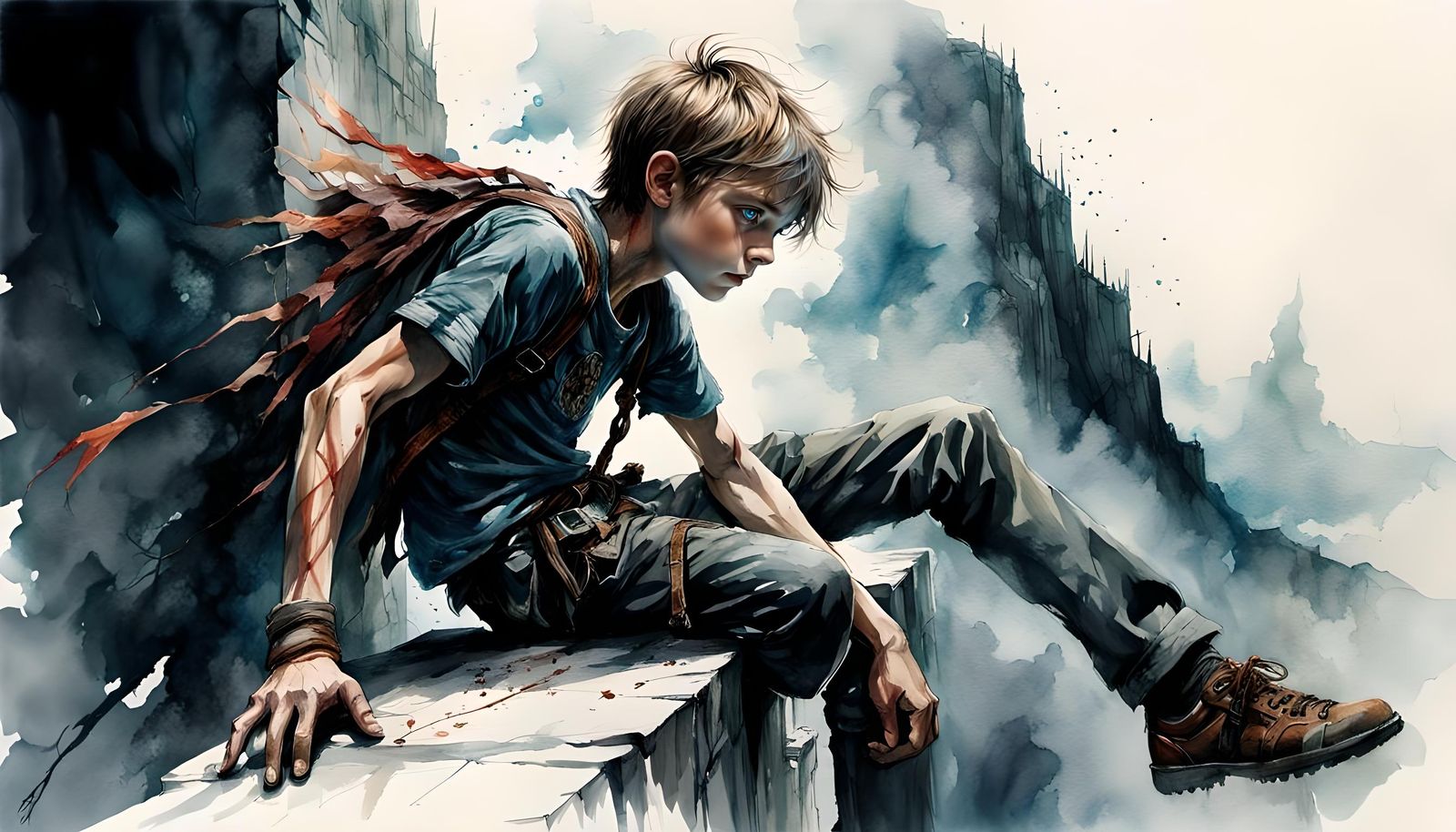 Boy Clings to Cliff in Dark Fantasy Watercolor