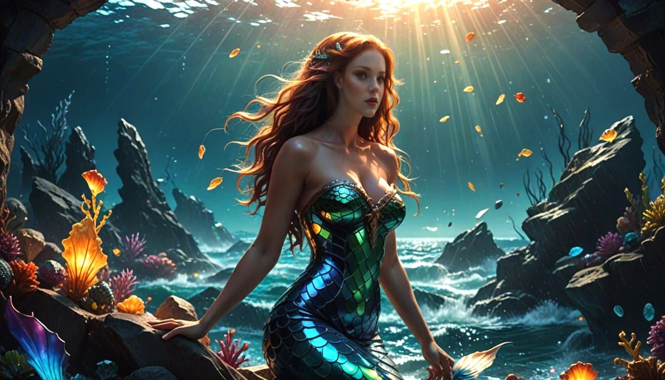 Stained Glass Mermaid in Stormy Underwater Scene