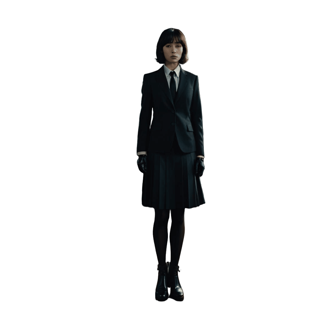 Chiaki Kuriyama, arrogant, strict black school uniform, black leather boots, black stockings, leather gloves, standing, ...