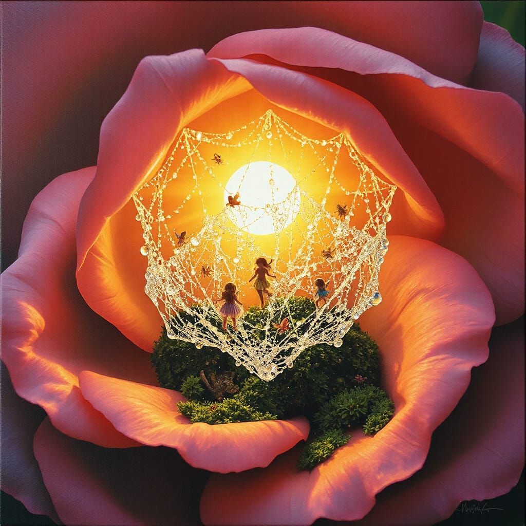 Fairies in Dewy Web, Maximalist Gouache Style