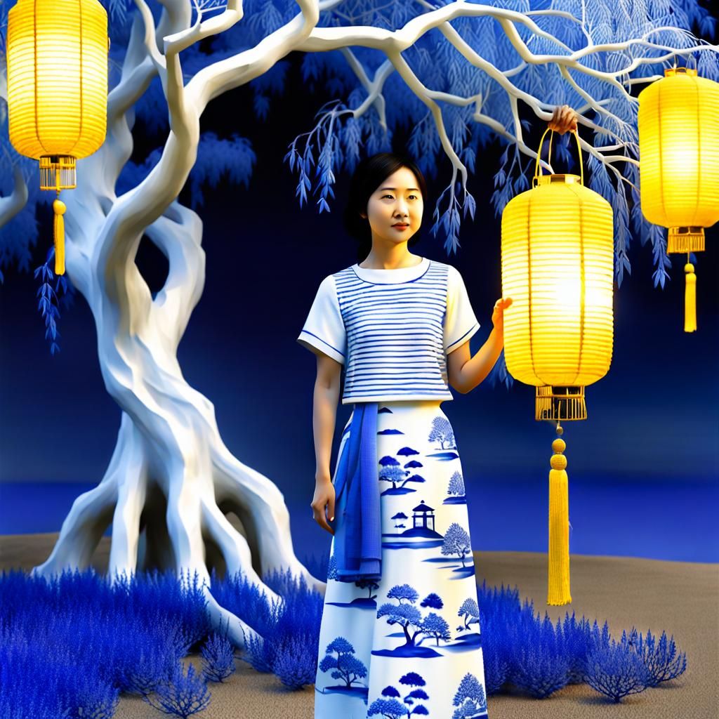 Asian Woman with Lantern Under Blue Willow Tree
