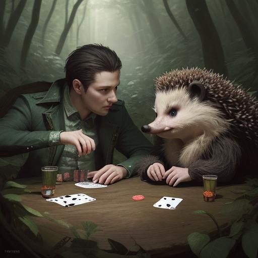 Hedgehogs Play Cards in Forest, Hyperrealistic Art
