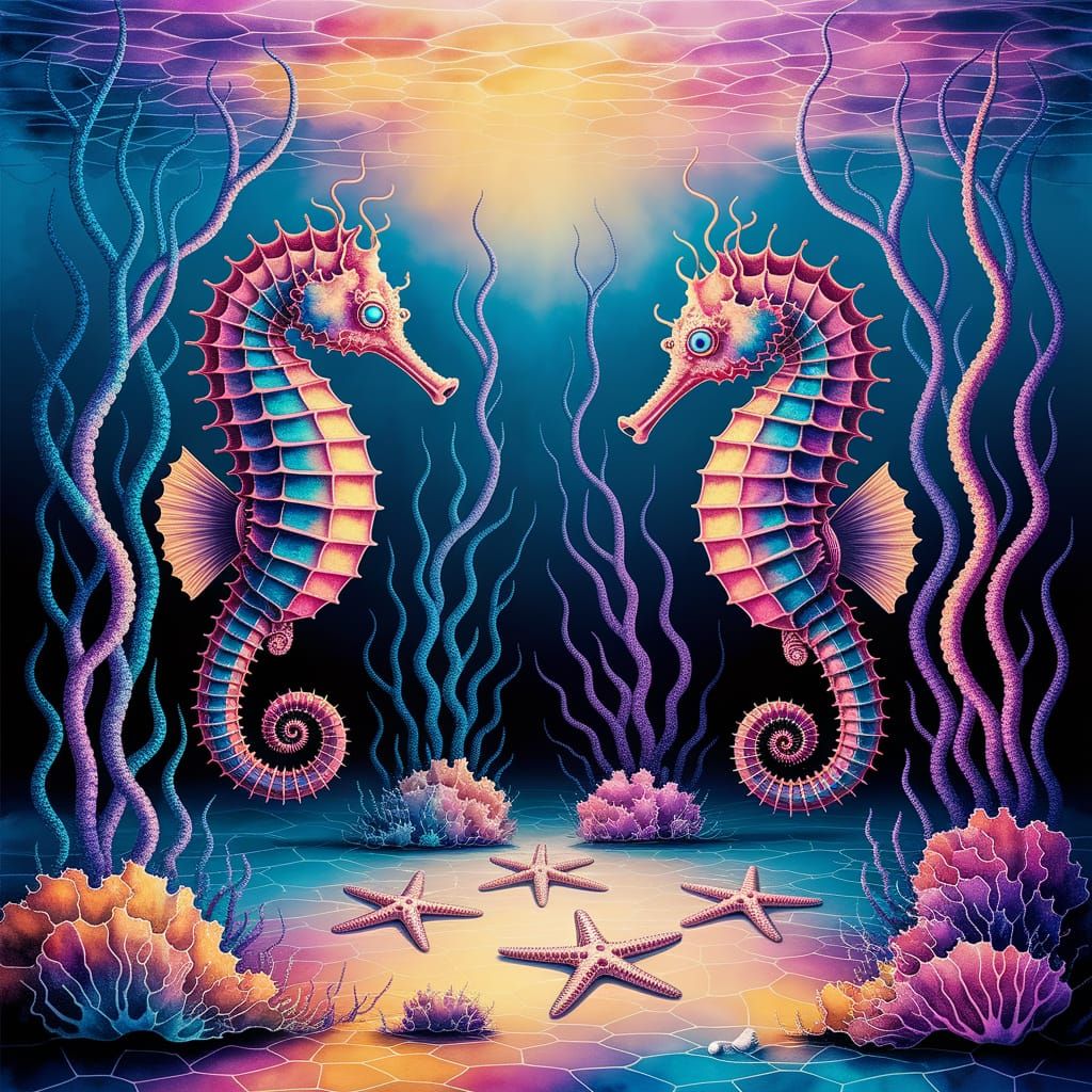 Vibrant Seahorses Adorn Seaweed in Underwater Tapestry, in A...