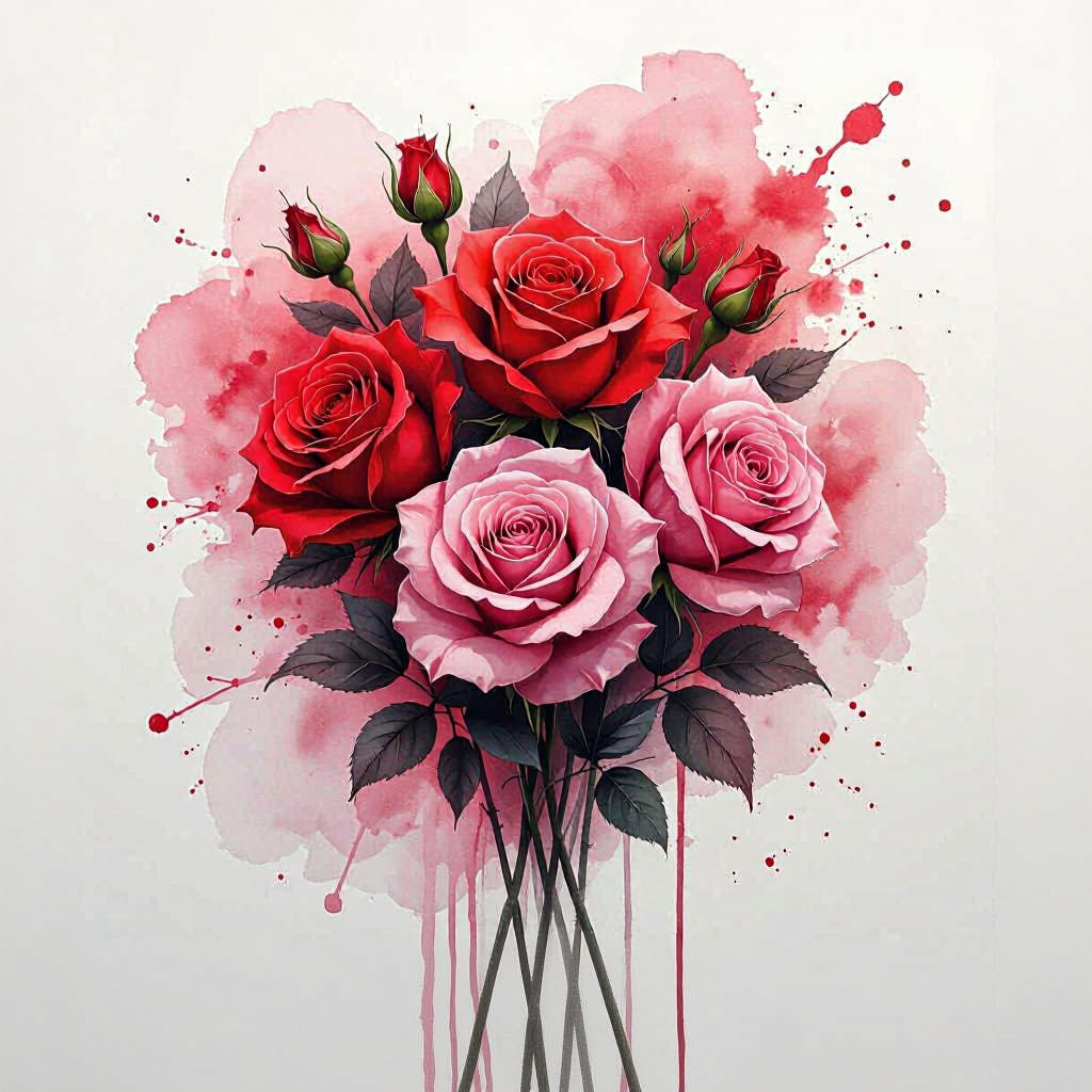 Vibrant Rose Bouquet in Abstract Splash Ink Art
