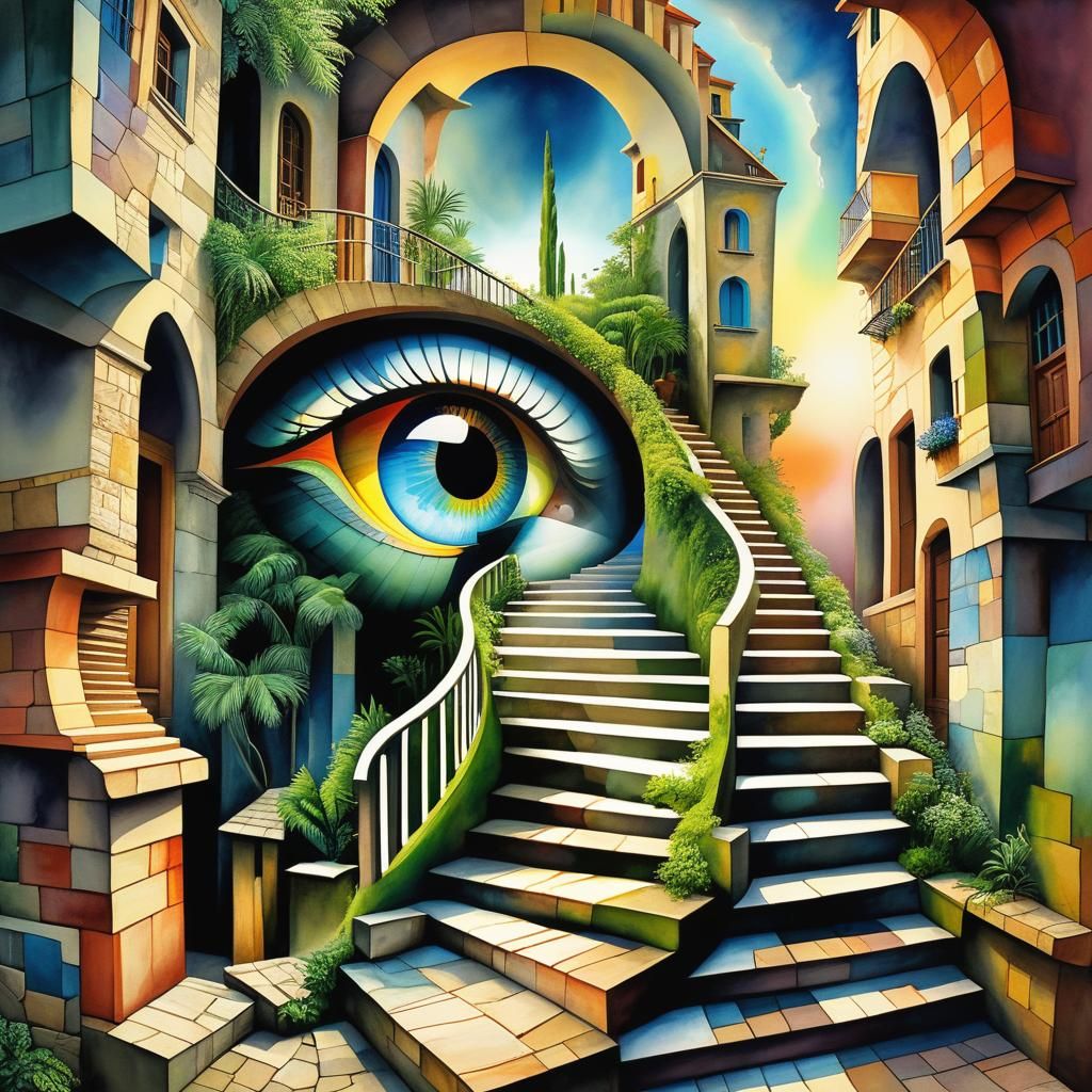 Surreal Stairs Ascend to Mystical Eye in Cubist Style