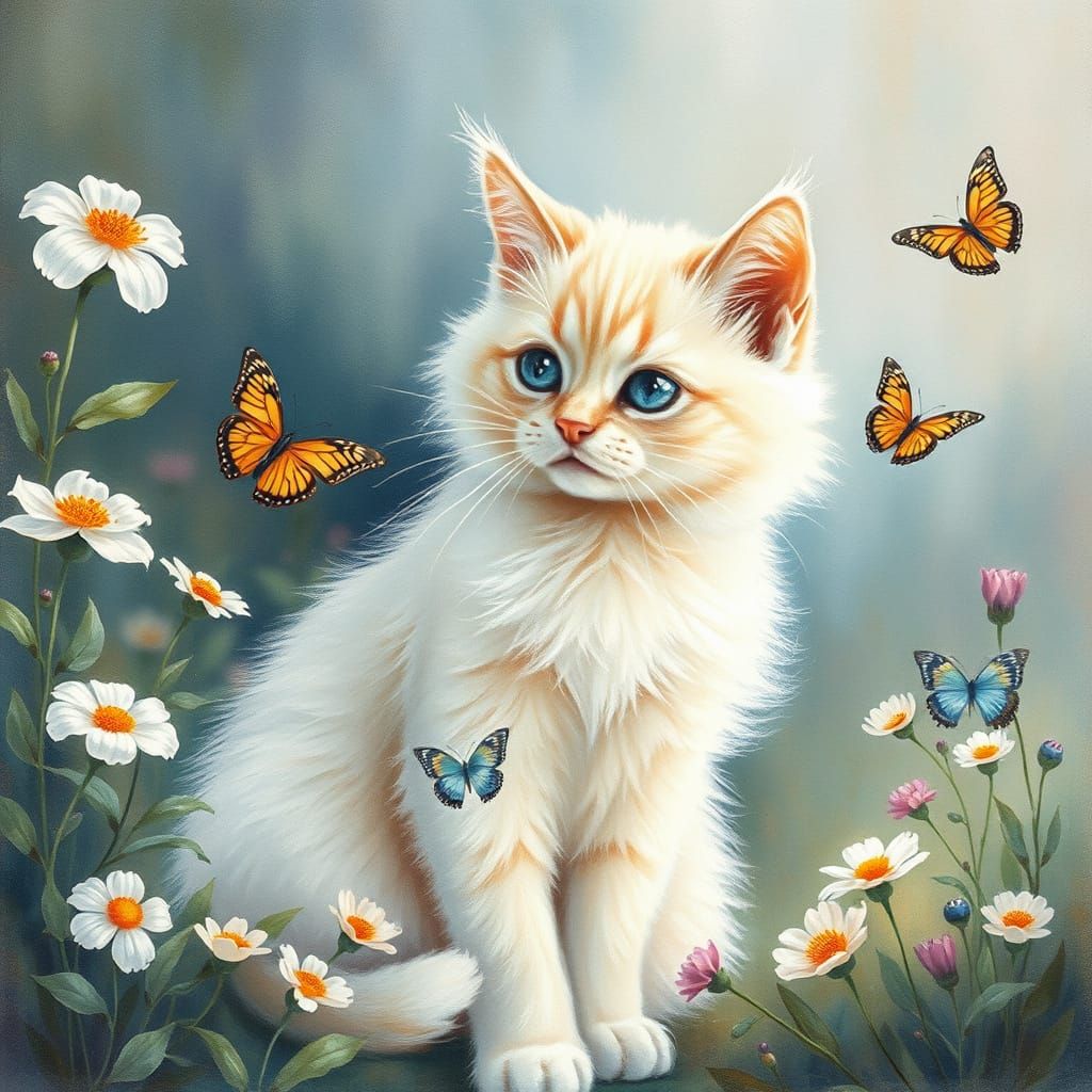 Whimsical Aquarelle Cat Plays with Butterflies in Garden