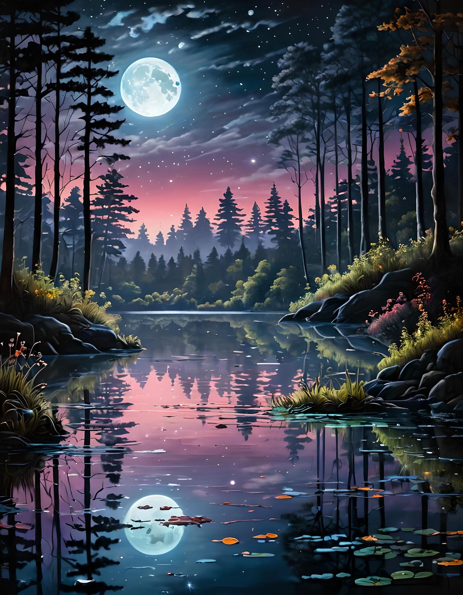 Ethereal Moonlit Lake with Neon Elements as Oil Painting
