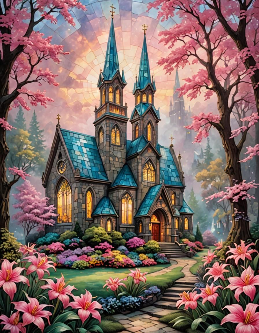 Ethereal Stained Glass Church with Pink Flowers