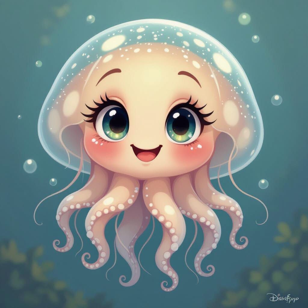 Disney Style Anthropomorphic Jellyfish in Soft Light