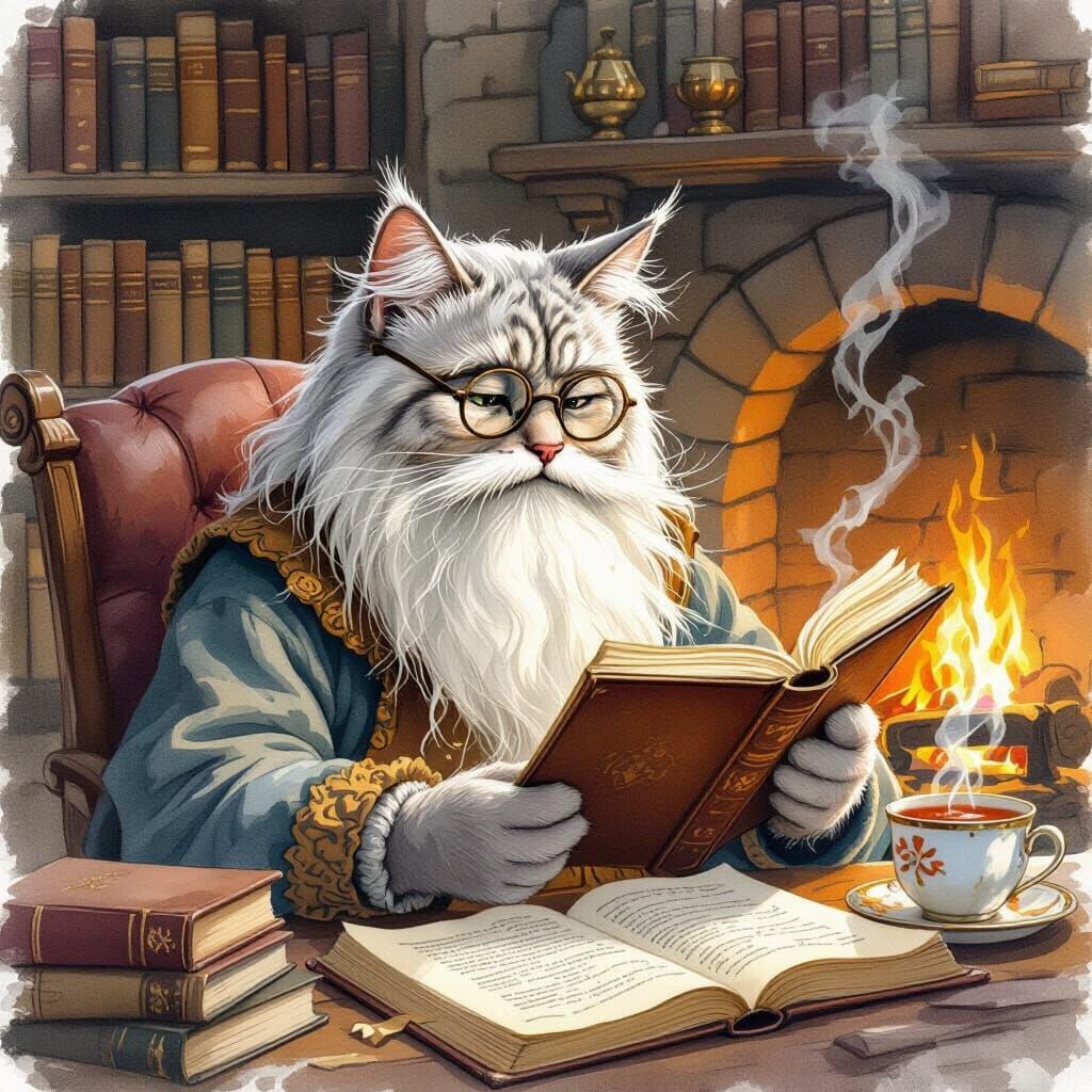 Whimsical Watercolor Cat Sage in Cozy Study