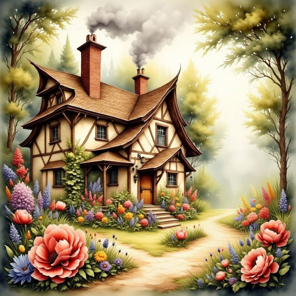 Storybook Cottage with Vibrant Flowers and Friendly Train