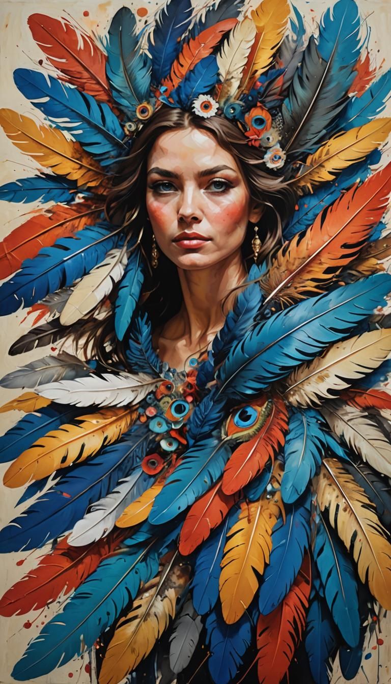 Abstract Feather Portrait in Oil Painting Style