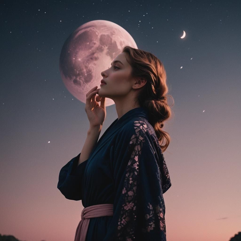 Dreamy Night: Woman Gazing at Pink Moon in Digital Art