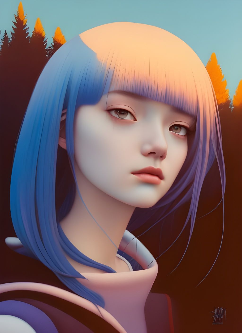 Girl with Blue Hair Crying at Sunset: Expressionism