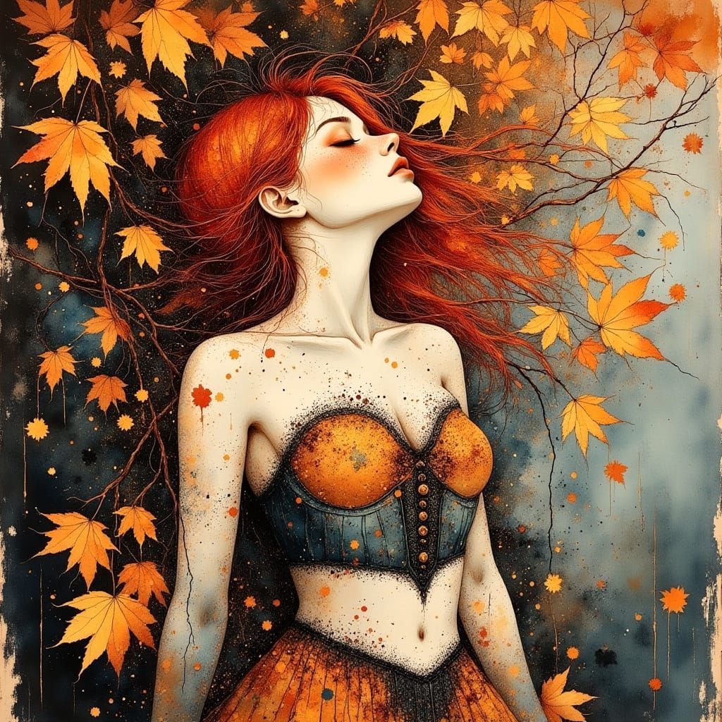Redhead Pin-Up Under Maple Tree in Klimt Graffiti Style