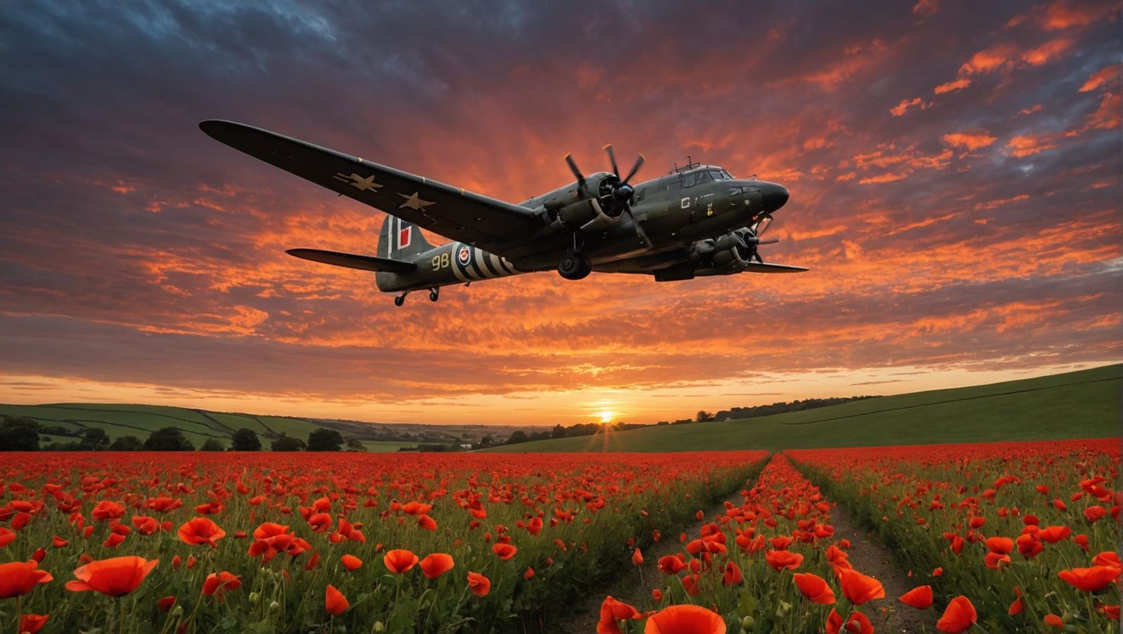 Sally B Soaring Over Poppy Field at Sunset