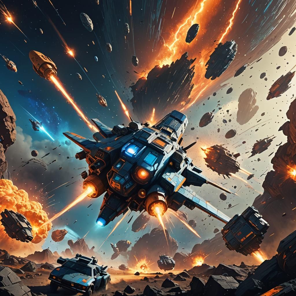 Spaceship Battle in Asteroid Field, Sci-Fi Concept Art