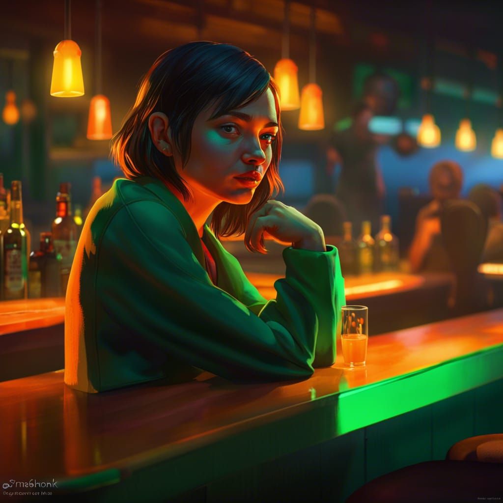 Girl at Night Bar in Art Nouveau Style