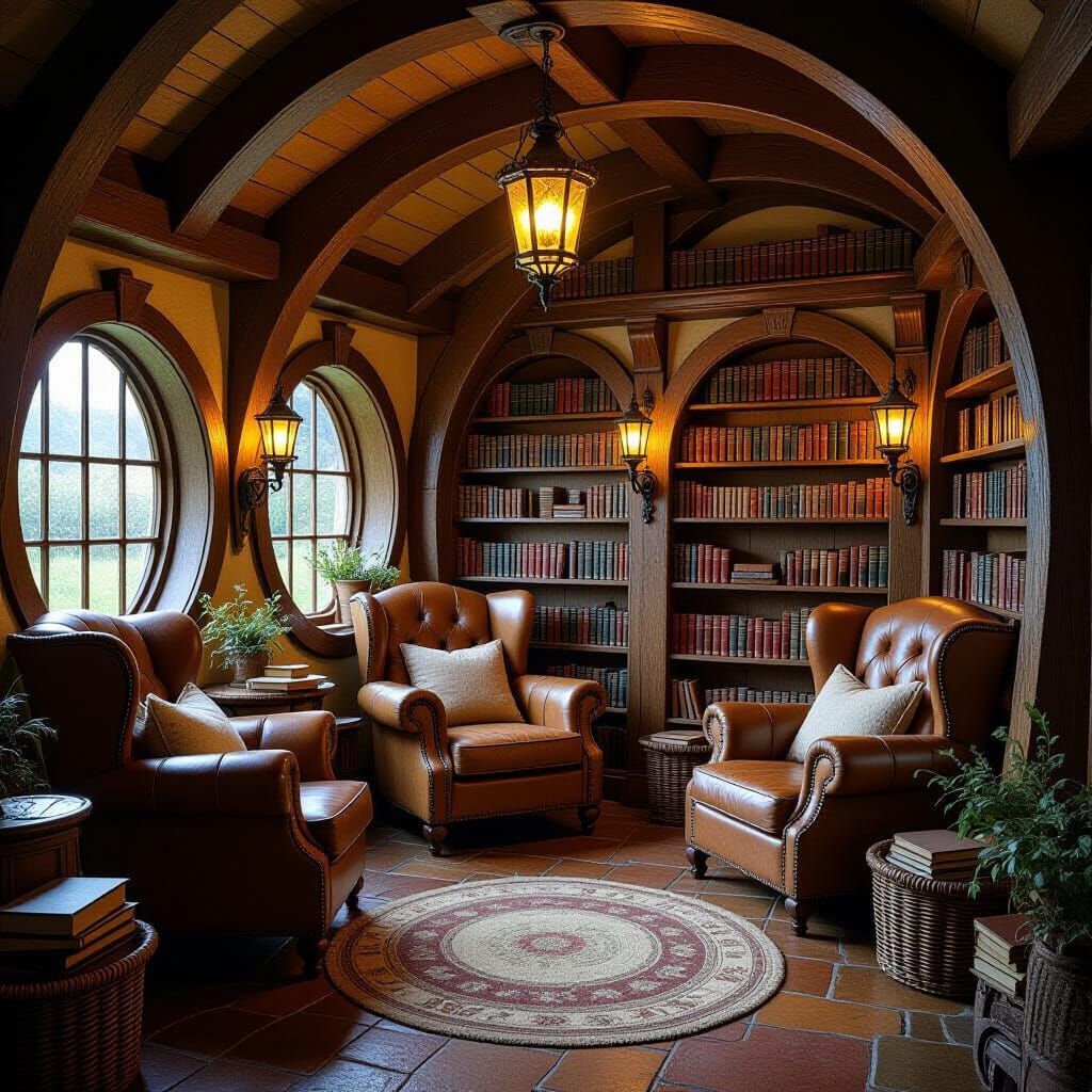 Cozy Hobbit Hole Book Cafe in Rustic Style