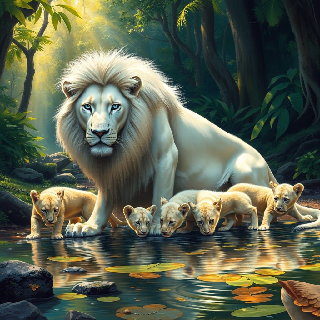 Majestic White Lion Family in Vibrant Forest