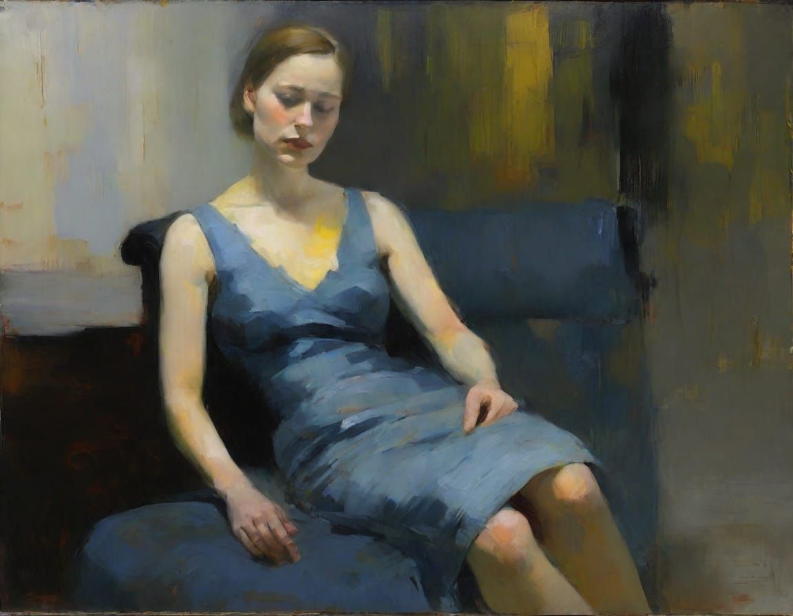 Gerhard Richter Style Tonalist Painting of Mother in Recline...