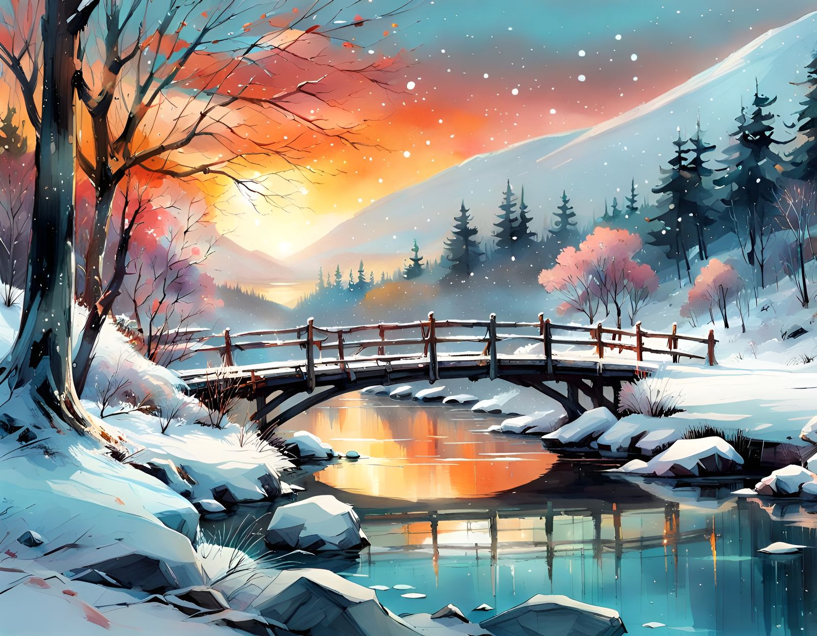 Snowy Winter Riverscape in Anime Watercolor Style