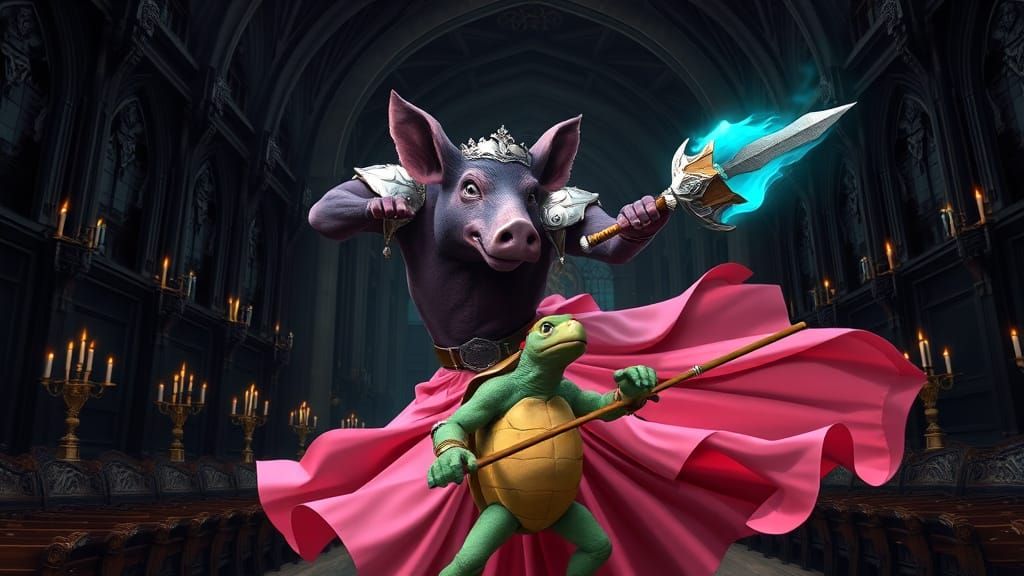 Fierce Sow Charging a Green Turtle in a Gothic Hall