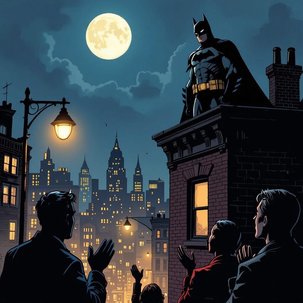 Batman Watches Grateful Gotham Citizens From Rooftop