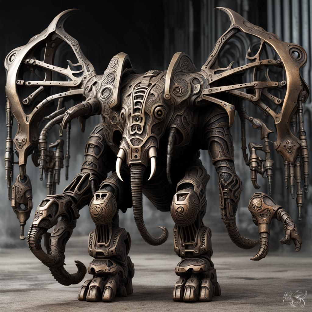 corroded biomechanical elephant mecha, bronze to taupe gradiant, full colour, h.r. giger style