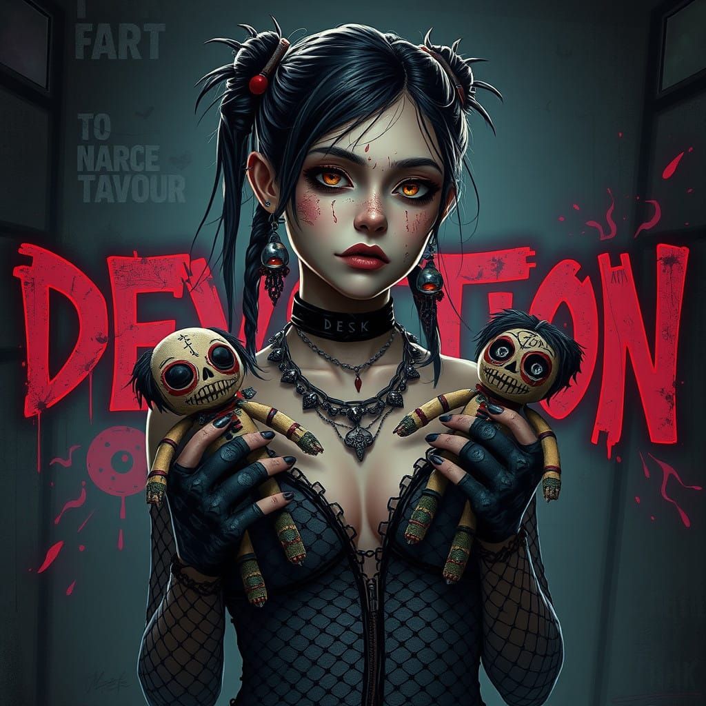 Emo goth girl teenager with intense, anguished features, dressed in tattered, black fishnet clothing, studded choker, co...