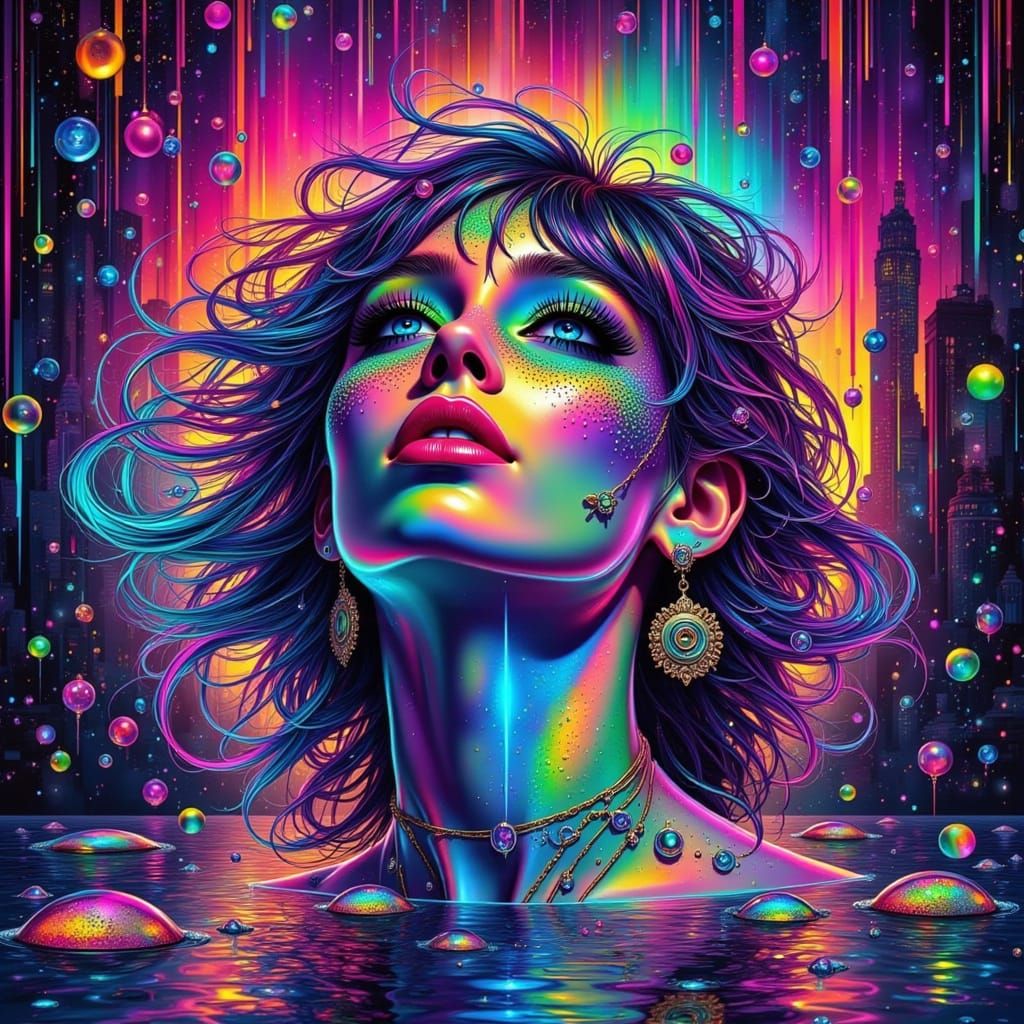 Surreal Fae Goddess in Neon Cityscape